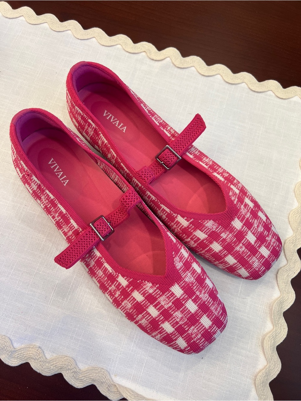 VIVAIA Pink Check Mary Jane Flats square toe size 40 or  9 or 9.5 gingham pink